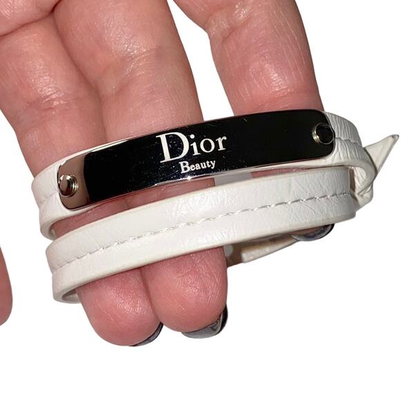 Christian Dior Beauty Wrap Around White Leather Nameplate Logo Bracelet